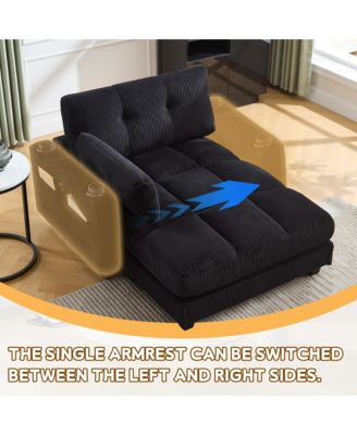 Deep Seat Corduroy Sleeper Chaise Lounge, Sofa Bed with USB Charging, Cup Holders, Side Storage Pockets and Pillow for Living Room