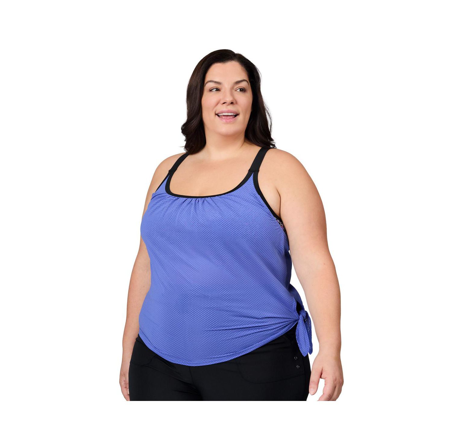 Plus Size Textured Mesh Side Tie Blouson Tankini Top