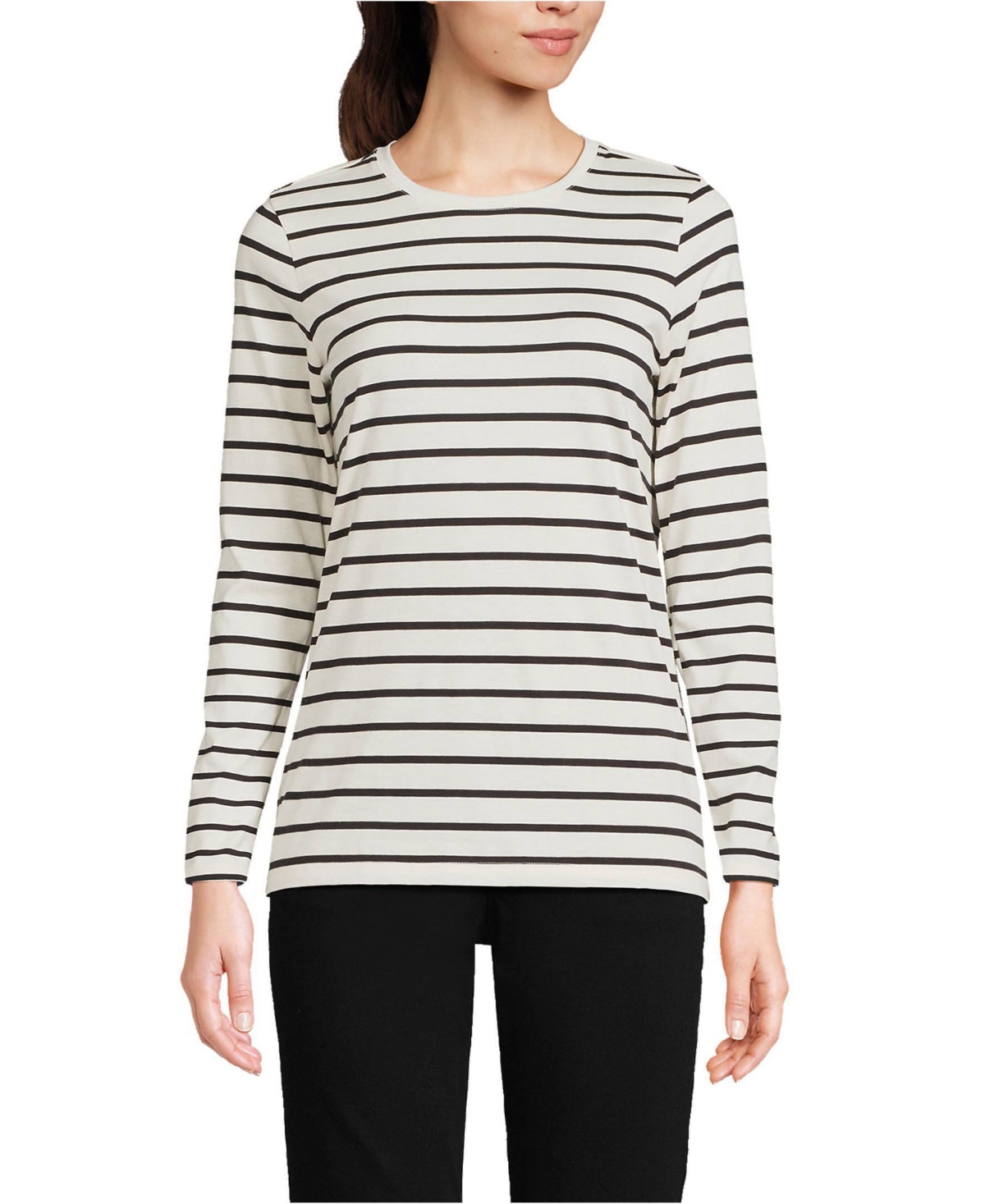 Lands' End Women's Tall Relaxed Supima Cotton Long Sleeve Crew Neck T-Shirt - Ivory/black breton stripe