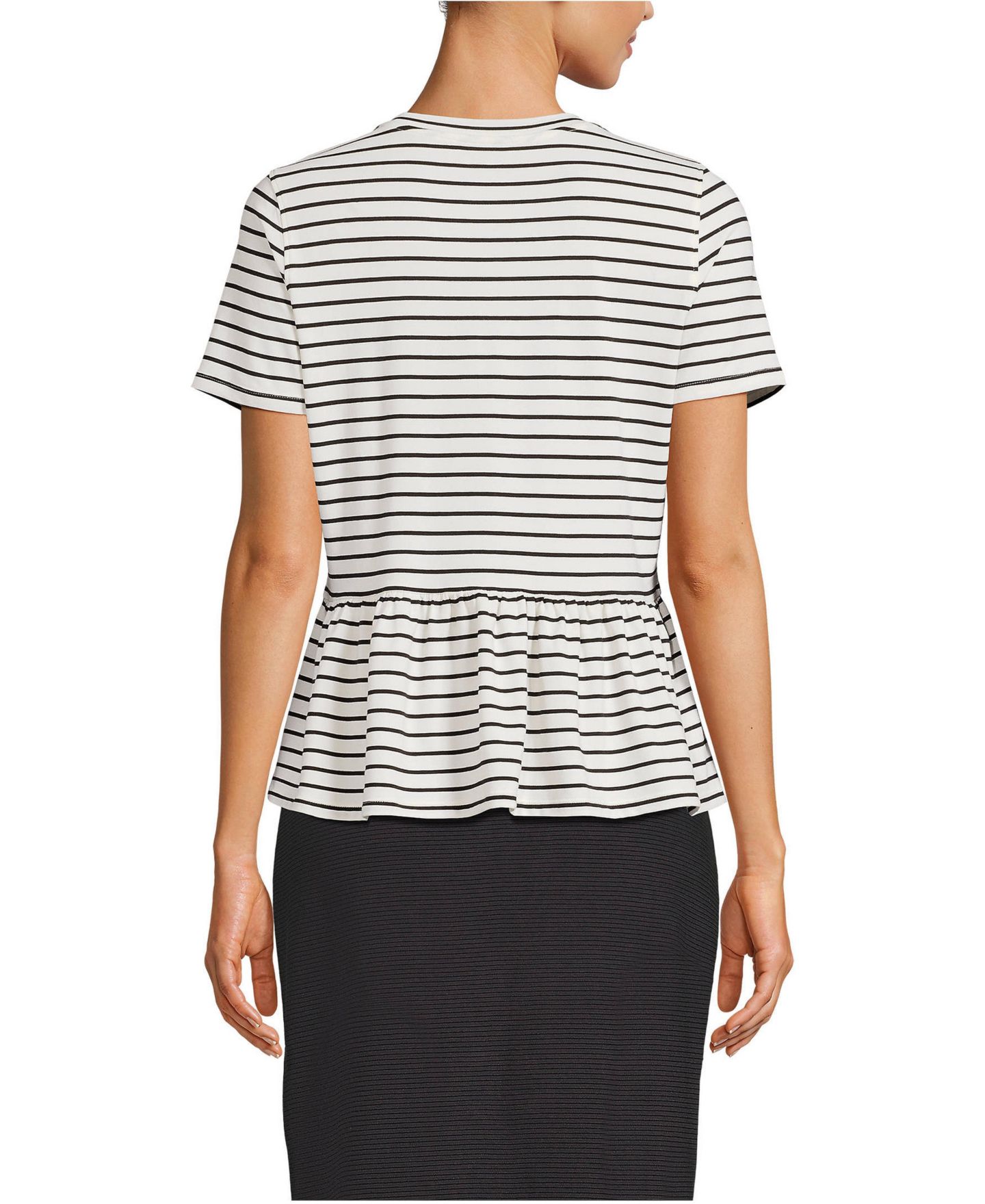 Женская футболка Lands' End Short Sleeve Lightweight Jersey Crew Neck Peplum, цвет: Слоновая кость / Чёрный — фото 2