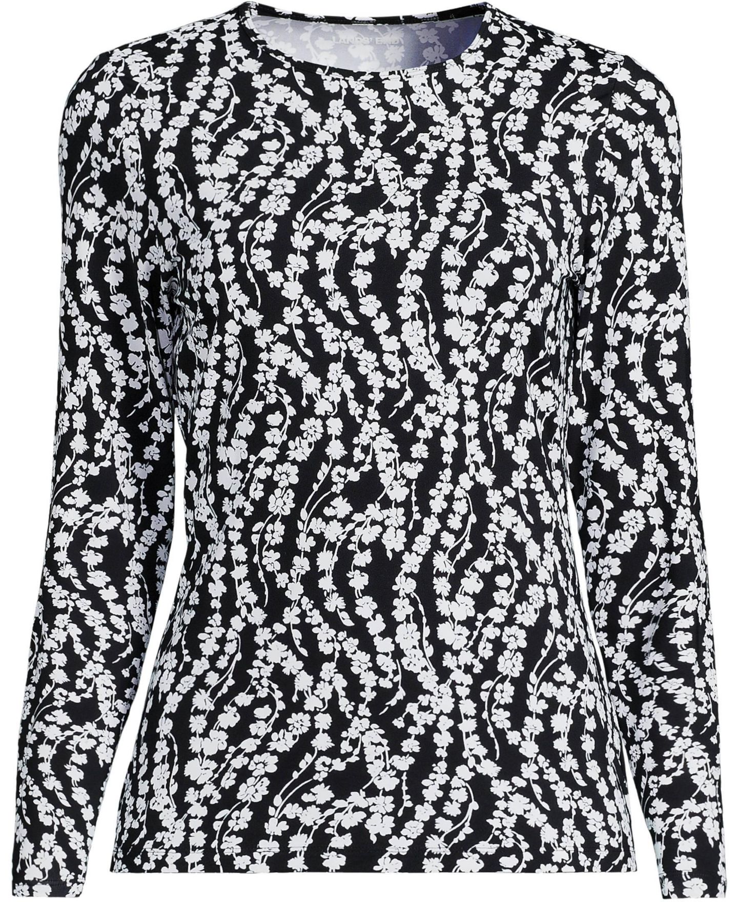 Женская футболка Lands' End Tall Long Sleeve Crewneck Garden - Sunshade UPF 50 Quick Dry, цвет: Чёрный / Белый с принтом — фото 3