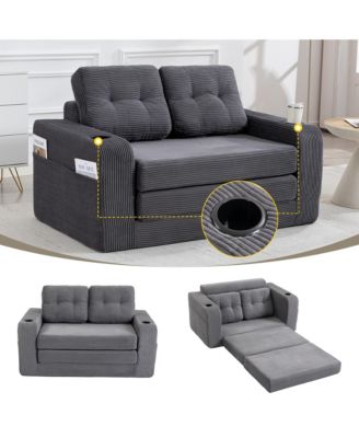 Convertible Sofa Bed, Corduroy Loveseat Floor Couch with Cup Holders and Pillows, Multi-functional Fold Out Sofa Bed for Living Room
