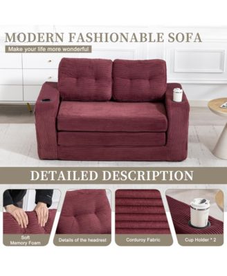 Multi-use Convertible Sofa Bed, Boneless Corduroy Loveseat Floor Couch with Cup Holders and Pillows, Modern Sofa Bed for Living Room