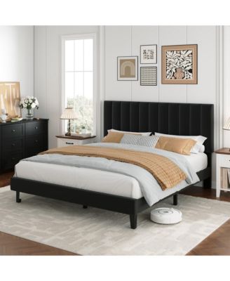 Platform Bed Frame and Velvet Upholstered Headboard with Adjustable Vertical Channel Tufted Headboard, No Box Spring Needed, Easy Assembly
