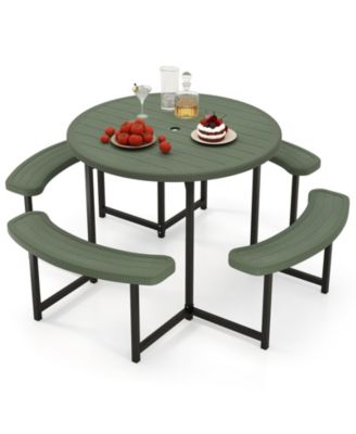 Round Picnic Table Bench Set with Four Benches and Umbrella Hole