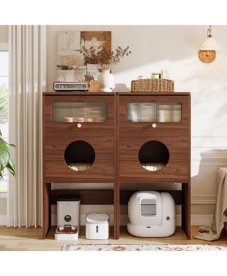 Hidden Cat Litter Box Enclosure with Storage, Frosted Door Cat House Furniture Cabinet