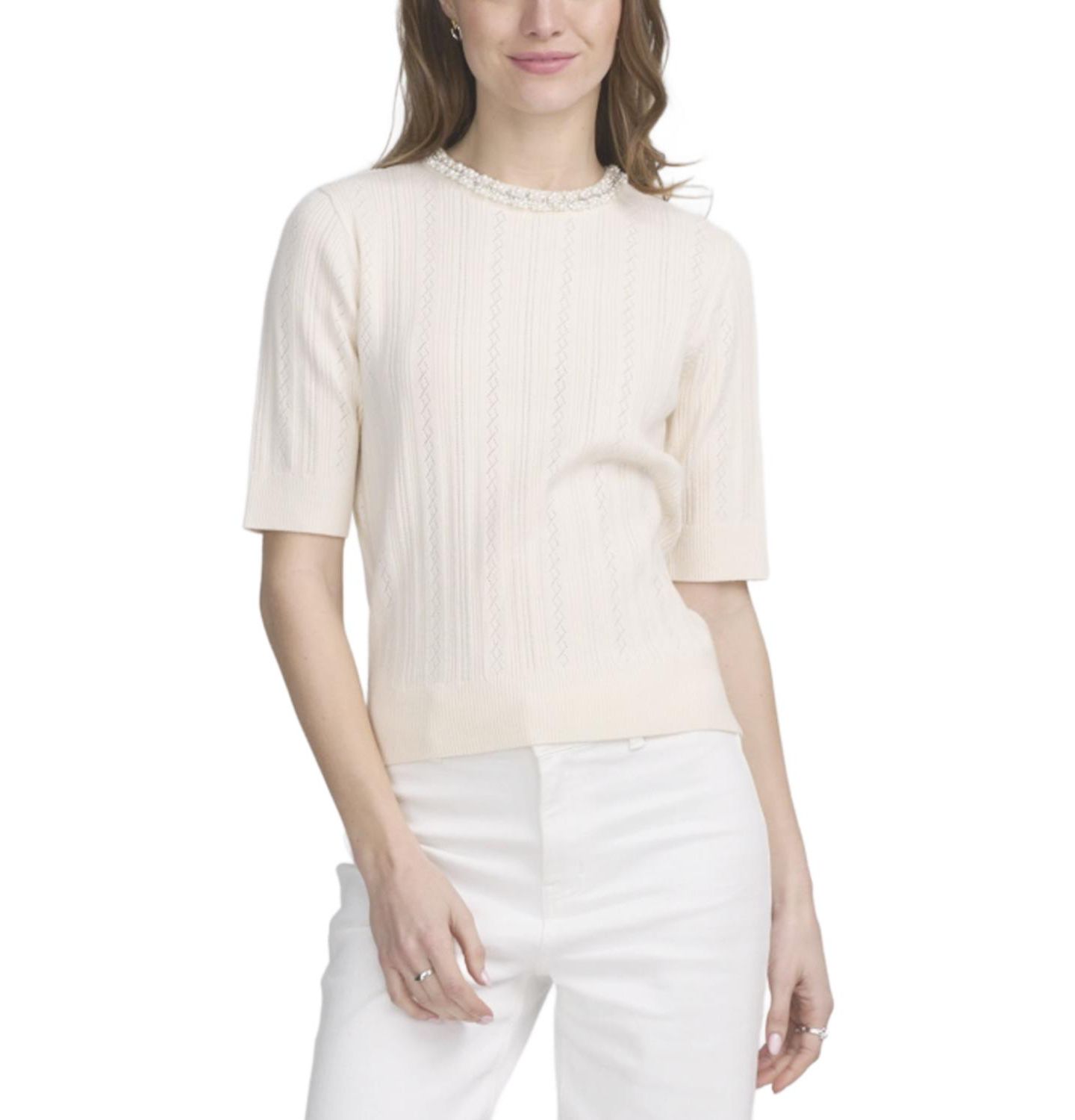 Женский топ ELLE Collection Fine Gauge Embellished Neck, цвет: Слоновая кость — фото 1