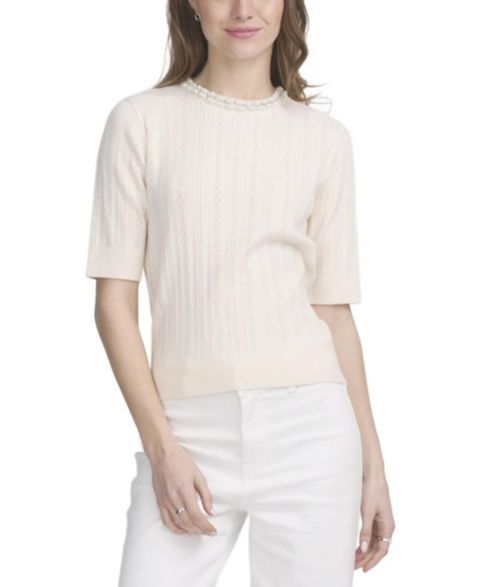 Женский топ ELLE Collection Fine Gauge Embellished Neck, цвет: Слоновая кость