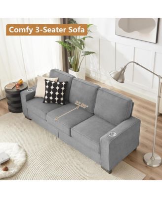 Contemporary 3-Seat Sofa, 83.86" Soft Snowfleece Lounge Couch, Practical Upholstered Sofa with 2 Cup Holders for Living Room and Office
