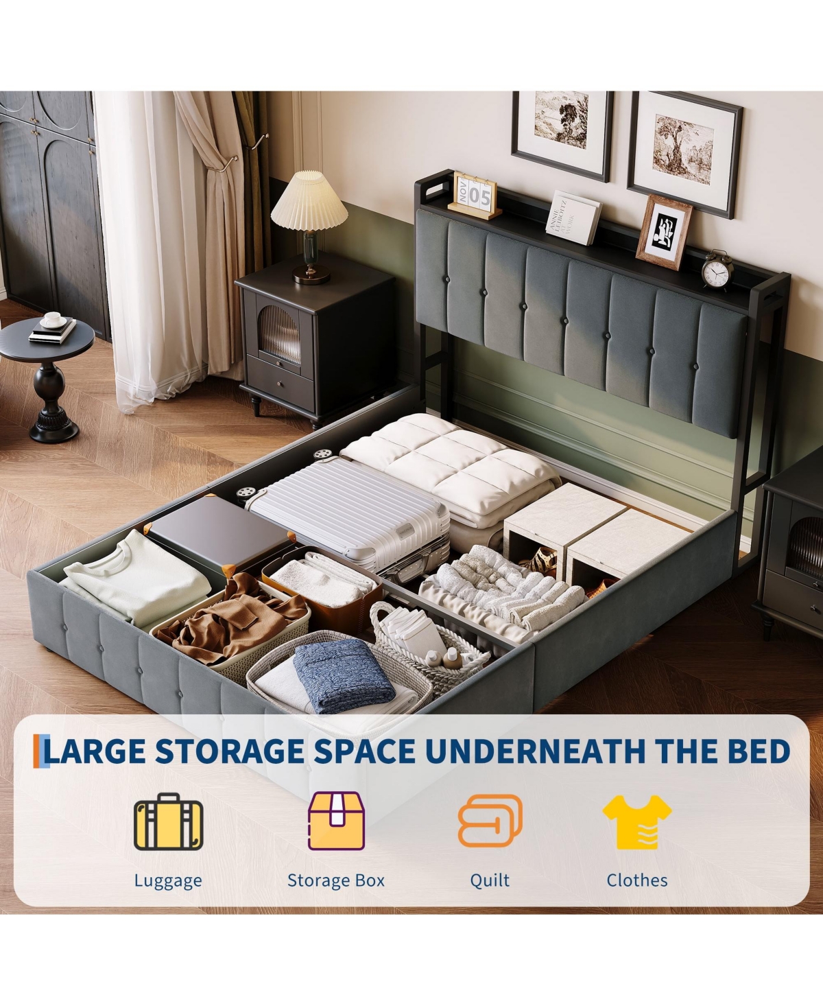 Homfan Lift Up Bed Frame, Upholstered Bed with Button Tufted Wingback Storage Headboard, Hydraulic Storage, No Box Spring Needed