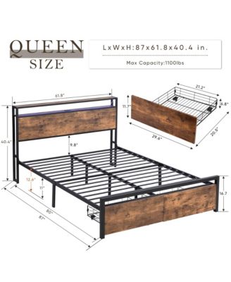 Queen Size Bed Frame with Storage Headboard, LED Lights and Charging Station, Platform Bed with 2 Drawers