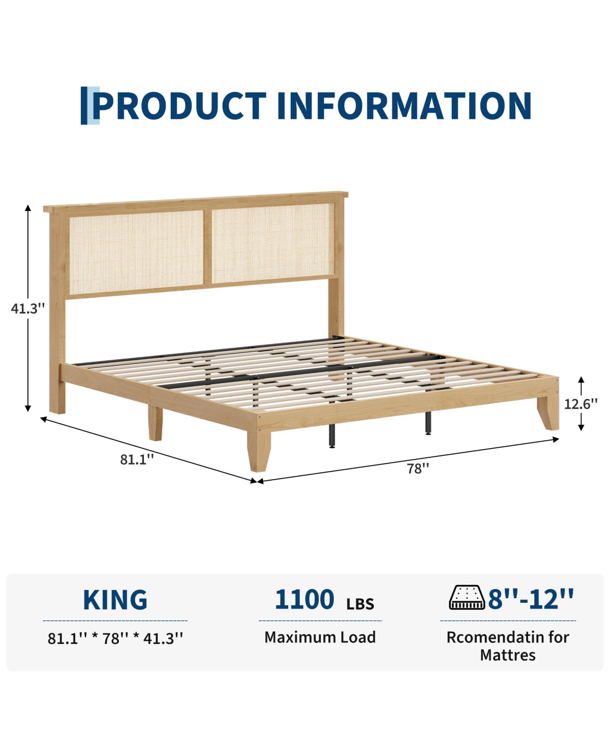 Homfan Bed Frame with Rattan Headboard, Platform Bed Frame with Led Lights