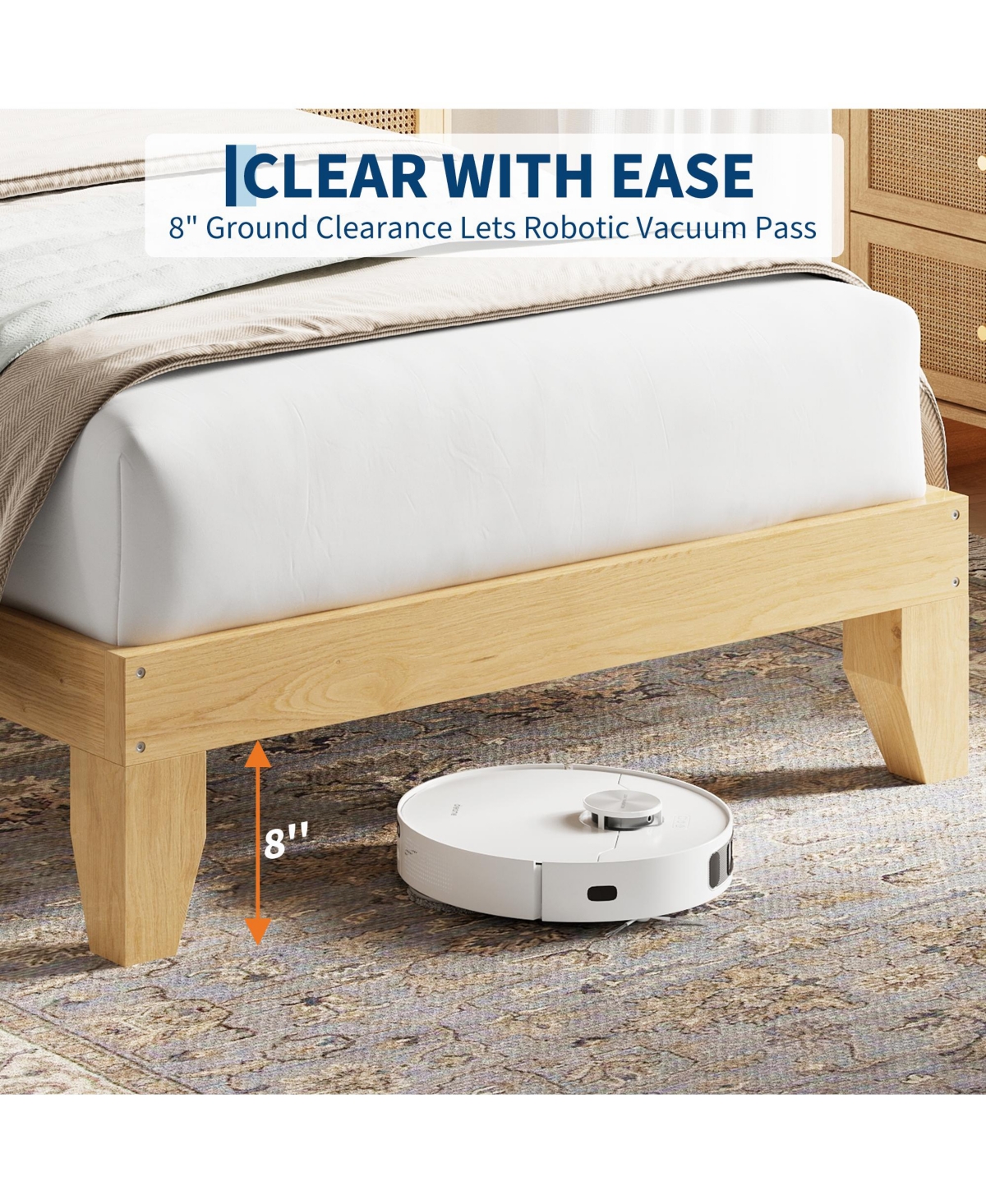 Homfan Bed Frame with Rattan Headboard, Platform Bed Frame with Led Lights