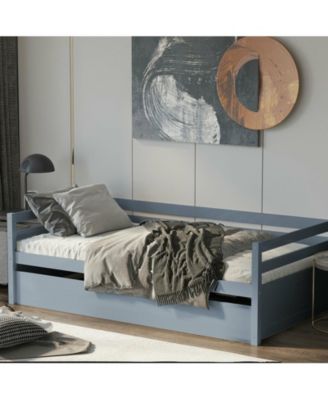 Twin Size Trundle Platform Bed Frame with Wooden Slat Support