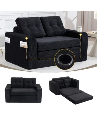 Convertible Sofa Bed, Foldable Loveseat Couch with Cup Holders and Pillows, Corduroy Fabric Futon for Living Room and Small Spaces