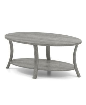 44 in Oval 2-Tier Rubber Wood Coffee Table with Open Storage Shelf