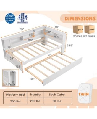 Twin Size Daybed Platform Bed Frame with Trundle and Bedside Shelves