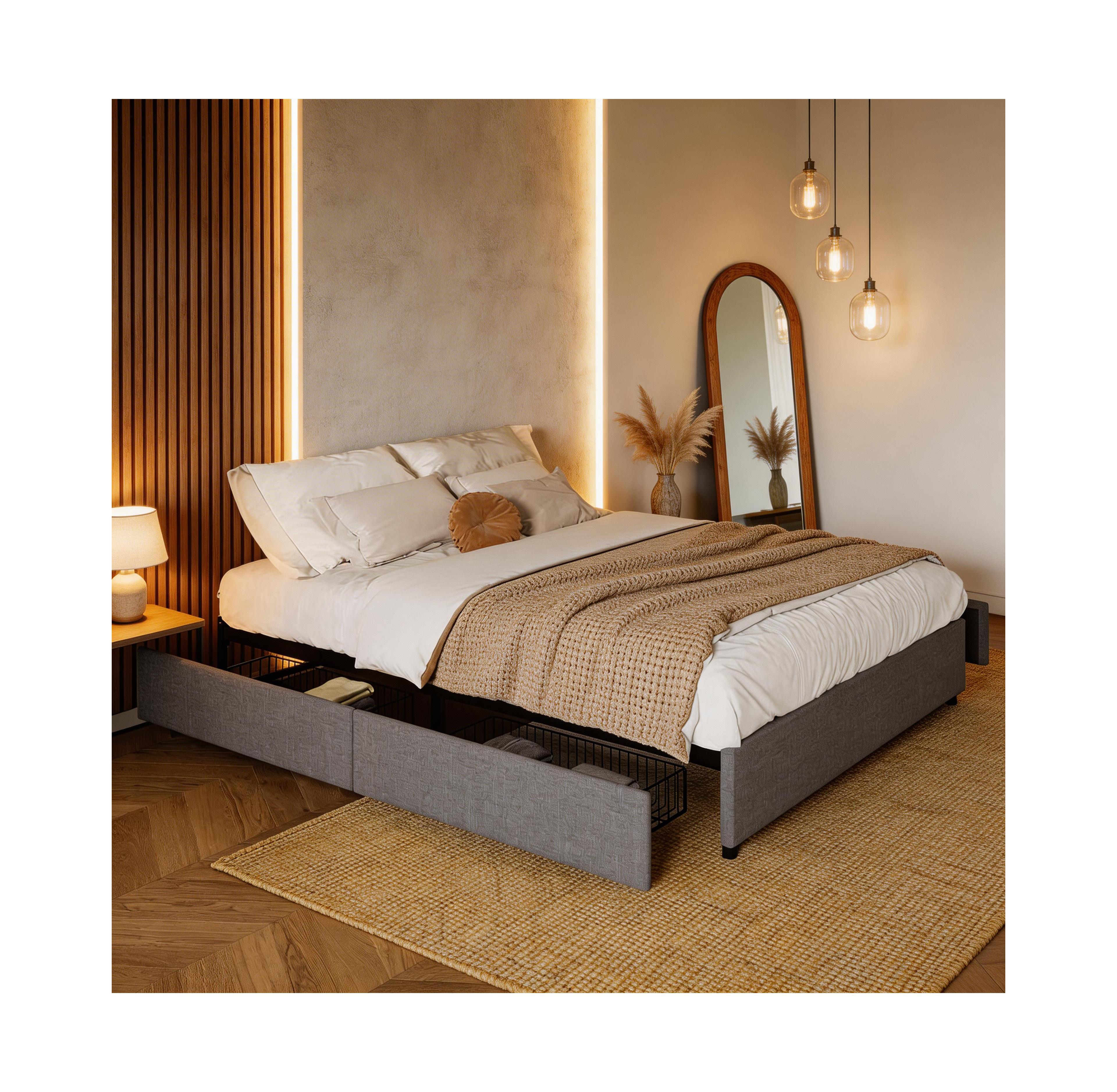 Homfan Space-Saving Platform Bed Frame with 4 Storage Drawers - Linen Upholstered