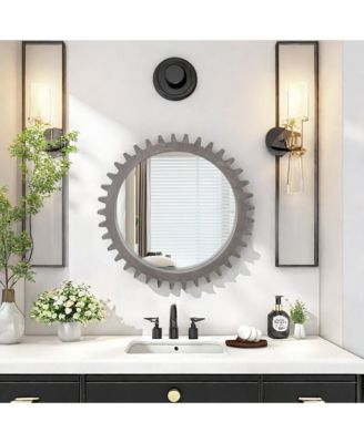 Vintage 34 x 34 Inch Wood Round Hanging Gear Shape Heavy Decorative Mirror for Bathroom Living Room Entryway