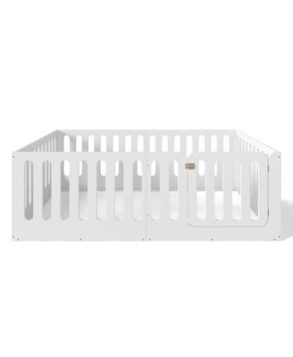 Low-Profile Full Size Floor Bed for Kids, Solid Wood Bed Frame with High Protective Fence and Door for Boys Girls, No Box Spring Required