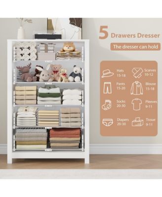 Modern 5 Drawer Wooden Dresser Chest, Tall Cabinet with Deep Storage Drawers, Metal Knobs