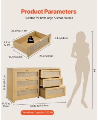 6 Drawer Rattan Dresser, Natural Rattan Chest with Metal Handle for Bedroom