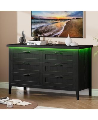 Farmhouse Drawer Dresser with Charging Station and LED Lights, Slim Wooden Bedroom Dresser