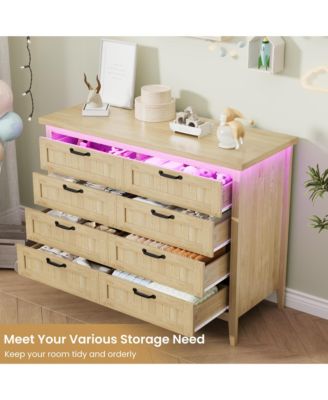 Farmhouse Drawer Dresser with Charging Station and LED Lights, Slim Wooden Bedroom Dresser