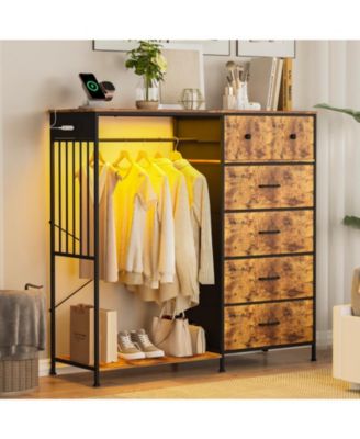49.2" Dresser with Hanging Rack and LED Lights, 6-Drawer Closet Organizer with Charging Station