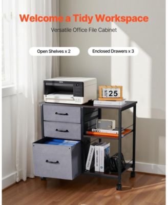 Metal File Cabinet, 3 Fabric Drawers, Wooden Vertical Filing Storage