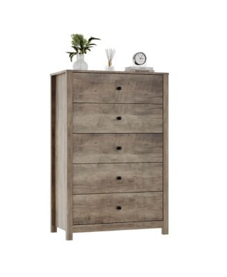 Modern 5 Drawer Wooden Dresser Chest, Tall Cabinet with Deep Storage Drawers, Metal Knobs
