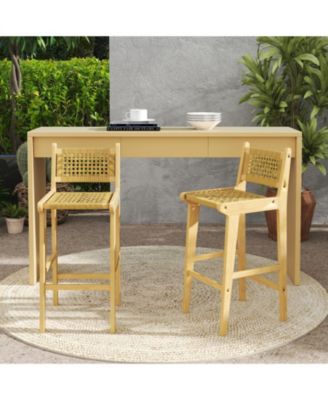 Teak Wood Patio Bar Stool with Woven Rattan Backrest and Seat