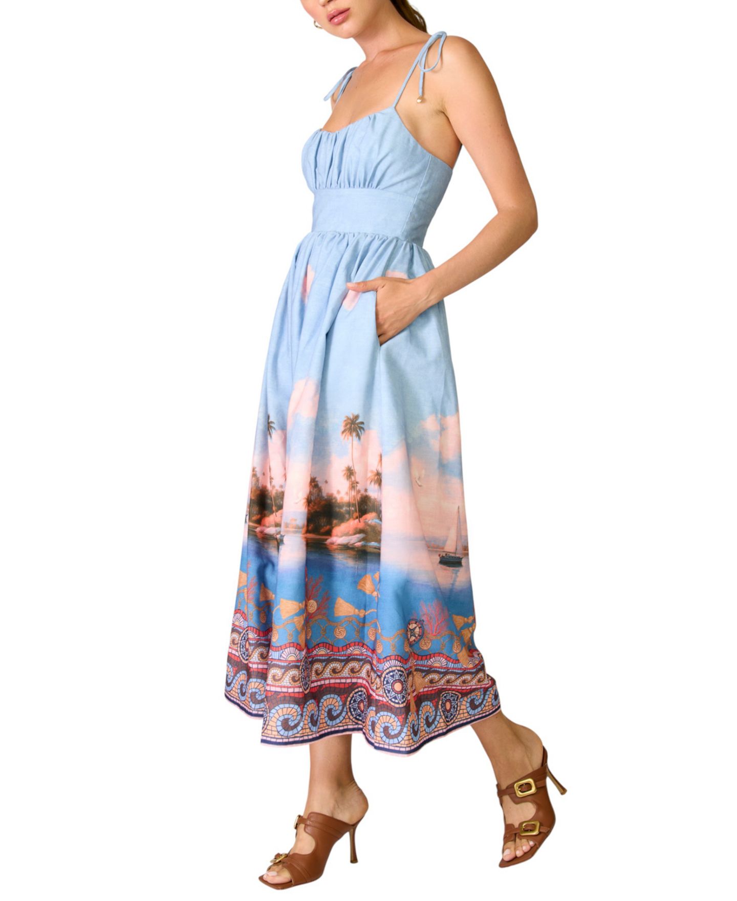 Женское платье Line & Dot Pernille Square Neck Sleeveless Printed Midi, цвет: Синий — фото 3