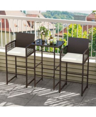 3-Piece Wicker Outdoor Bar Set with Tempered Glass Table and Cushioned Armchairs