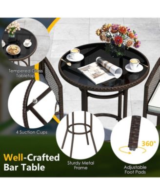 3-Piece Wicker Outdoor Bar Set with Round Tempered Glass Table and Armchairs