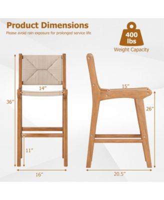 Woven Paper Rope Counter Height Outdoor Bar Stool with Teak Wood Frame