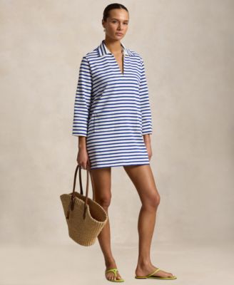 Women's Striped Cotton Jersey V-Notch Collar Dress
