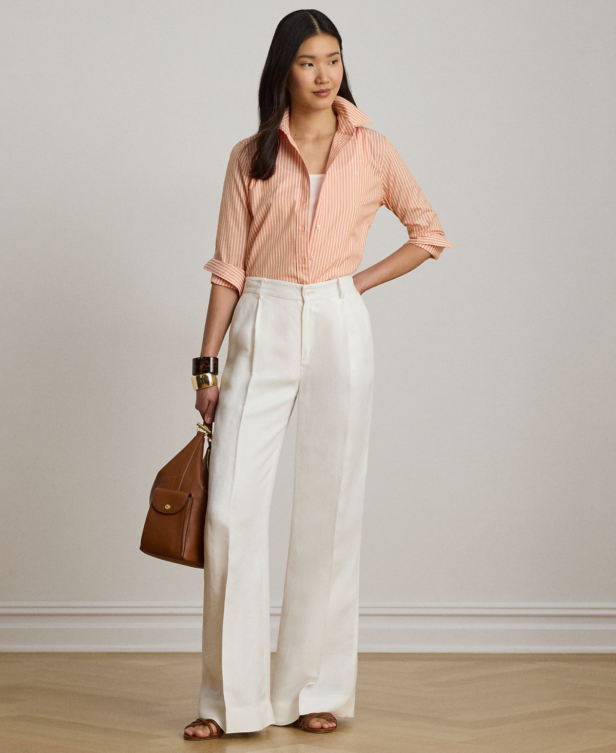 Lauren Ralph Petite Point Collar Classic Fit Striped End-On-End Shirt