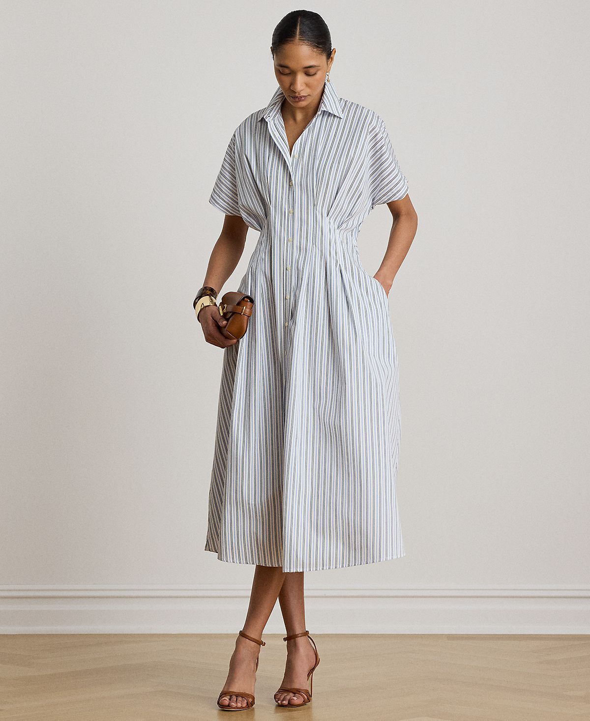 Lauren Ralph Lauren Women's Point Collar Striped Pleated Broadcloth Shirt-Dress view 1 — MAYCSS fashion products