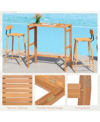 Foldable Acacia Wood Outdoor Bar Table with Slatted Top and Footrest