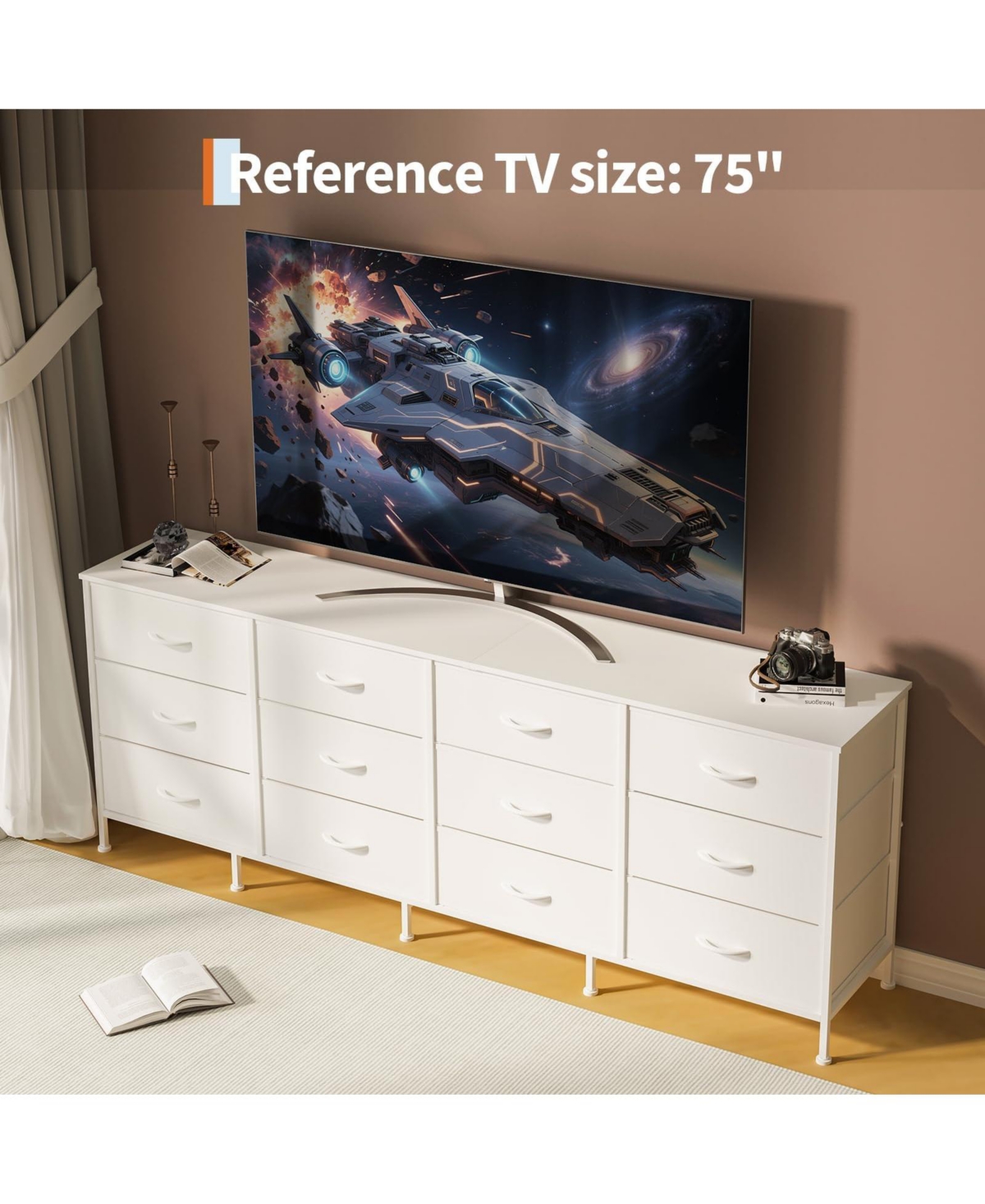 gaomon Tv Stand 70 Inch Entertainment Center with 12 Fabric Drawers, Charging Station, Supports Up to 80 Inch Tv