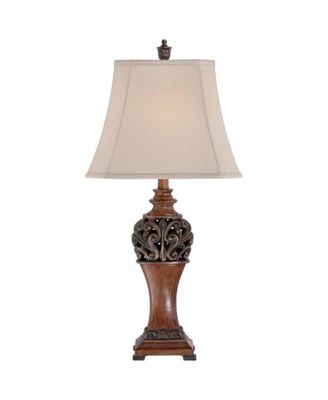 Exeter Traditional Table Lamps Tall Set of 2 Bronze Wood Carved Leaf with Table Top Dimmers Rectangular Shade for Living Room