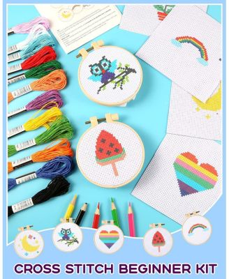 Cross Stitch Beginner Kit Kids 7-13 6 Project Patterns 2 Hoops 12 Skeins Starter Sewing Set Christmas Gift