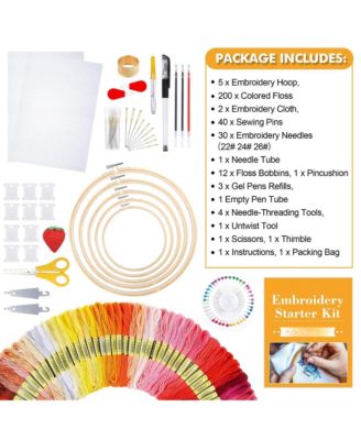 304 Pack Embroidery Kit 200 Colors Threads 5 Hoops 2 Aida Cloth Tools Set Beginners Adults