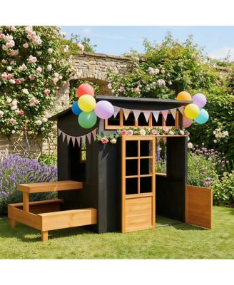 Kids Outdoor Playhouse, Wooden Kids Playhouse w/ Picnic Table