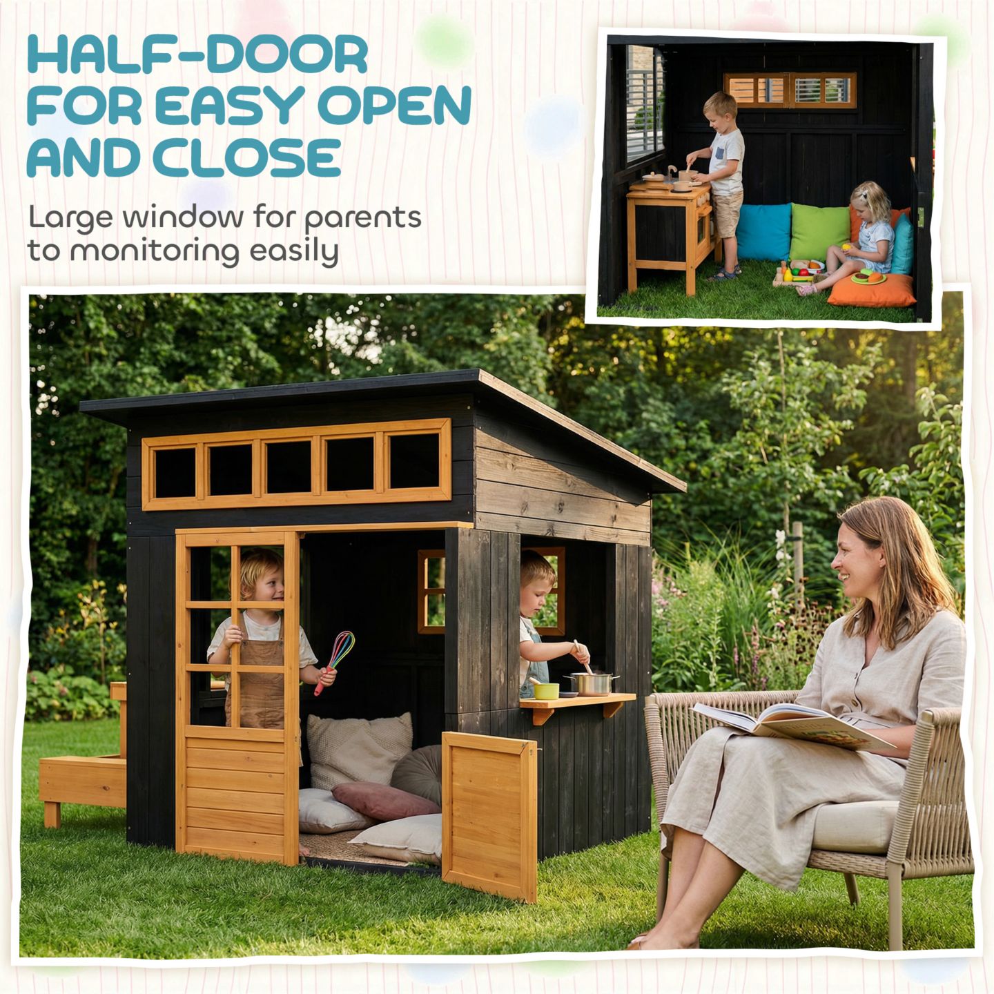 Детская игрушка Qaba Kids Outdoor Wooden Playhouse With Picnic Table, For 2-4 Players, Ages 3+, цвет: Чёрный — фото 9