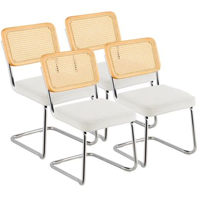 Rattan Dining Chairs Set of 4, Mid Century Modern, Velvet Upholstered with Rattan Back