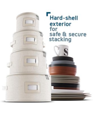 Fine China Storage Containers Hard Shell, 4 Piece Dish Storage Containers, Quilted Plate Containers, Stackable Dish Organizer