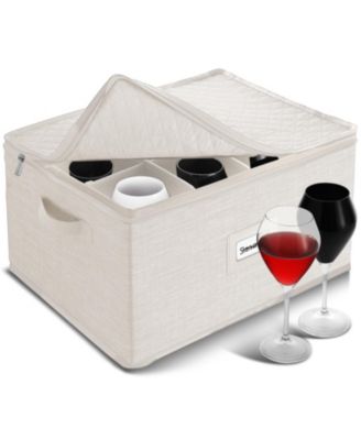 Wine Glass Storage Box with Dividers, Quilted Stackable Stemware Case, Hard Shell China Container for 12 Glasses, Moving & Organization
