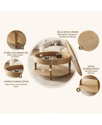 Round Solid Wood Coffee Table, Modern Center Table with Hidden Storage, Two-Tier Design for Living Room, Office